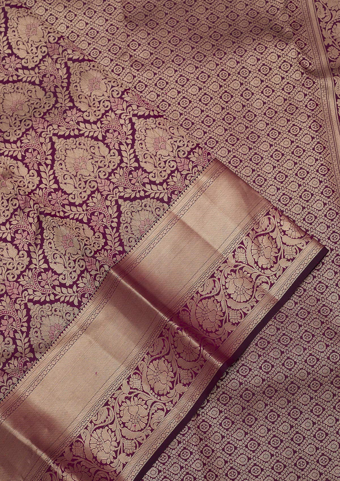Wine Pure Silk Jaal Gold Zariwork Saree With Matching Blouse Piece