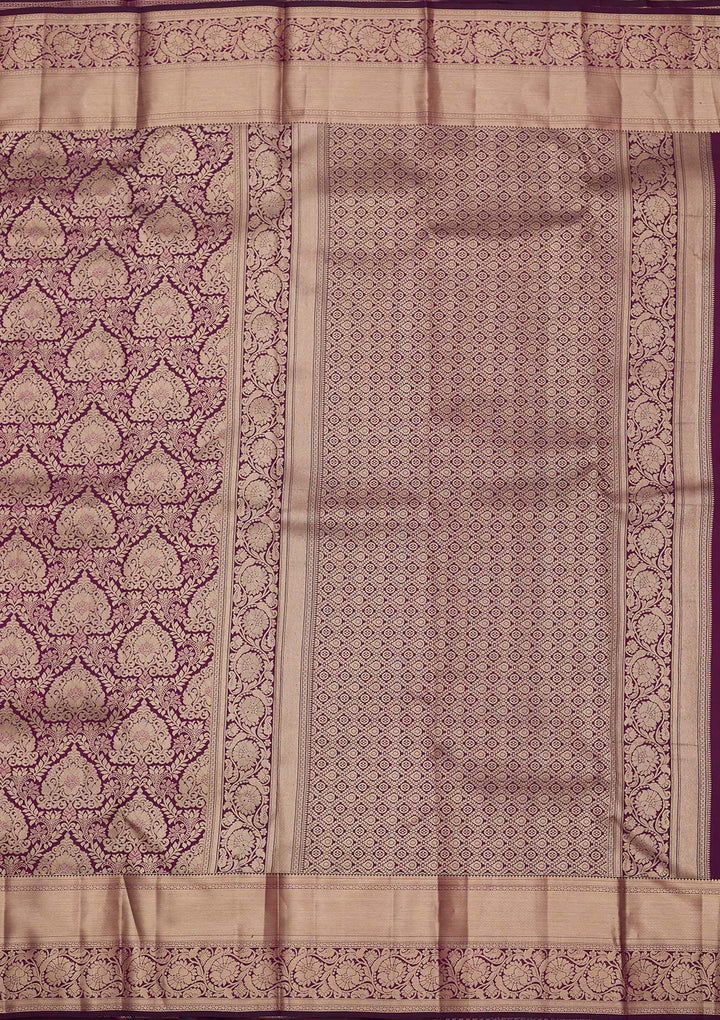 Wine Pure Silk Jaal Gold Zariwork Saree With Matching Blouse Piece