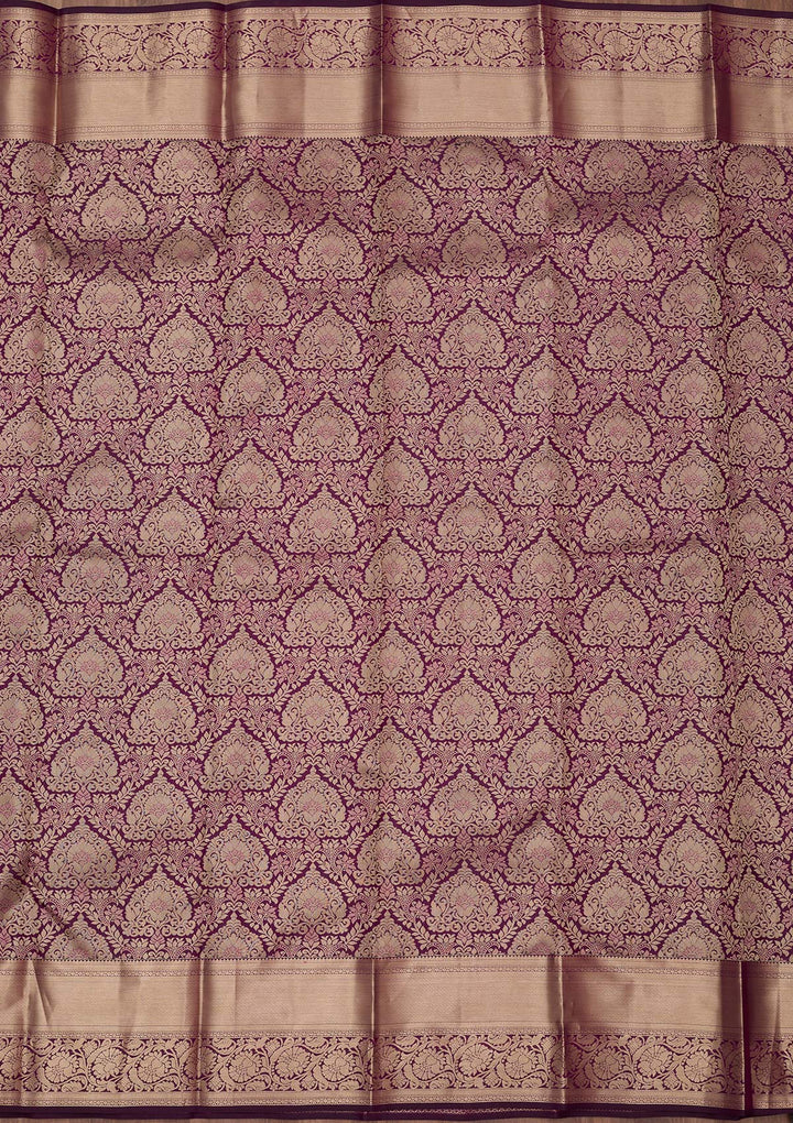Wine Pure Silk Jaal Gold Zariwork Saree With Matching Blouse Piece