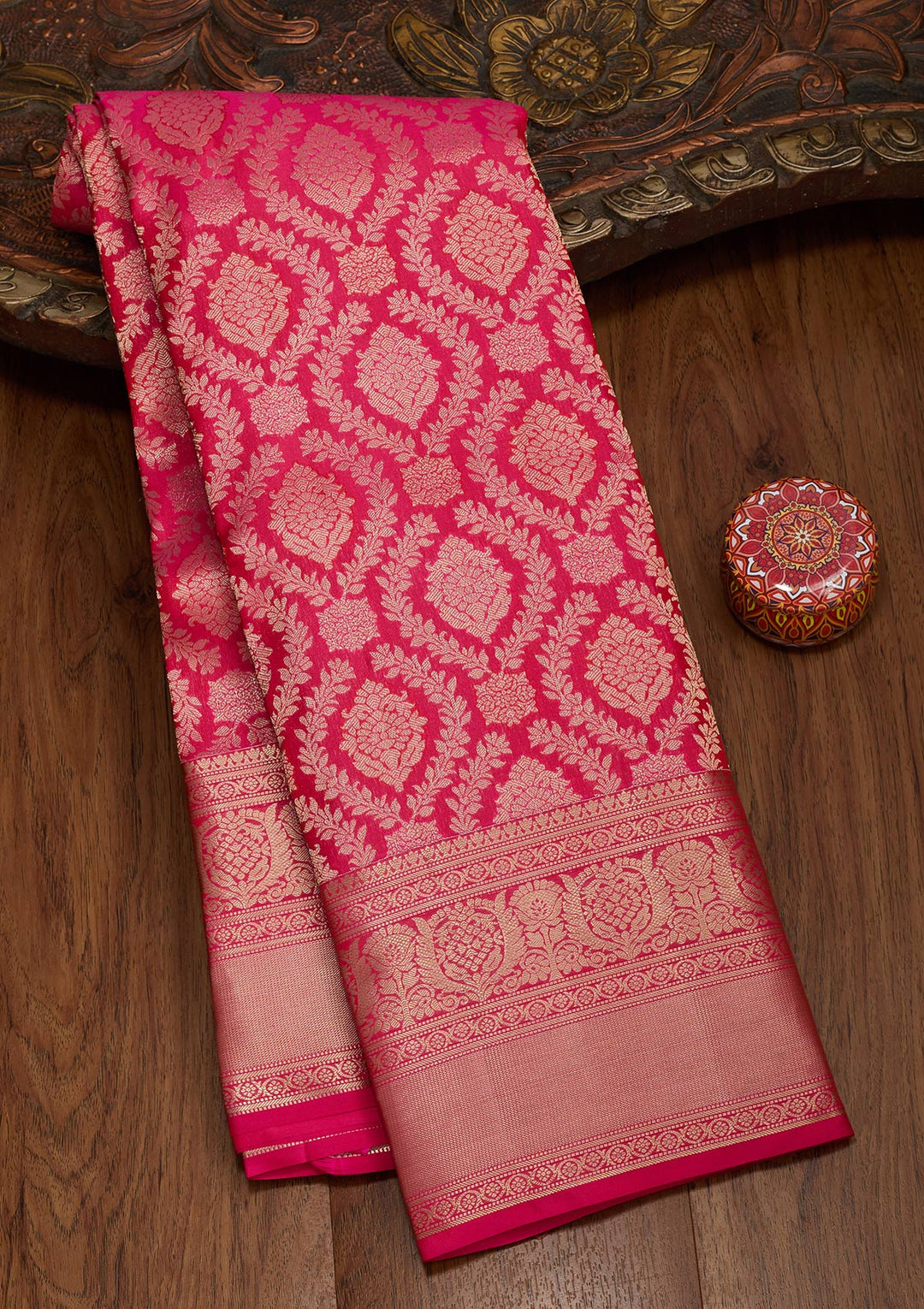 Rani Pink Pure Silk Jaal Zariwork Saree With Matching Blouse Piece