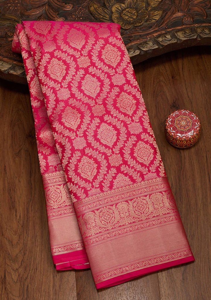Rani Pink Pure Silk Jaal Zariwork Saree With Matching Blouse Piece