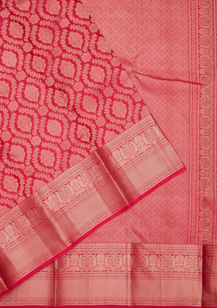Rani Pink Pure Silk Jaal Zariwork Saree With Matching Blouse Piece
