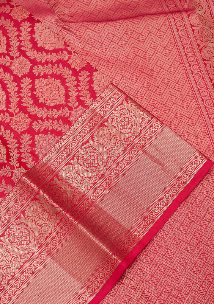 Rani Pink Pure Silk Jaal Zariwork Saree With Matching Blouse Piece