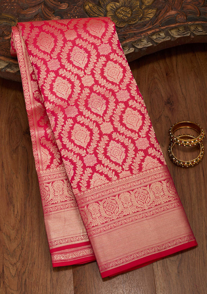 Red Silk Jaal Saree With Matching Blouse Piece