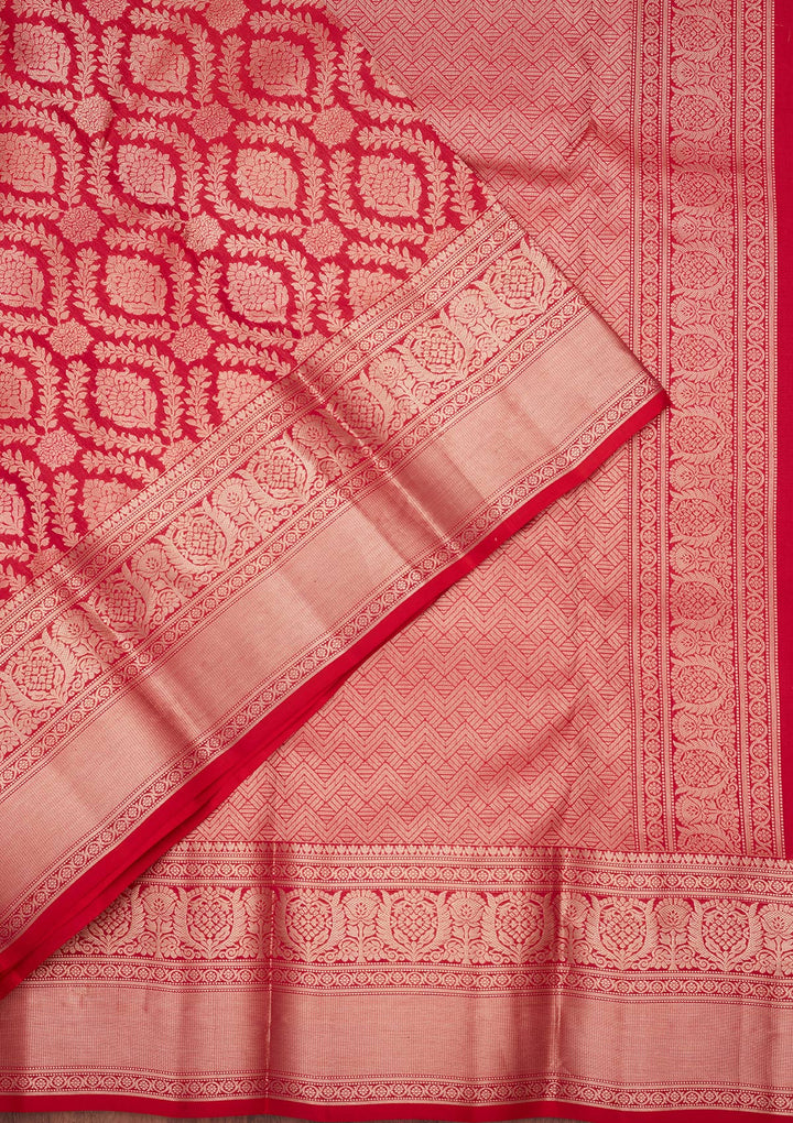 Red Silk Jaal Saree With Matching Blouse Piece