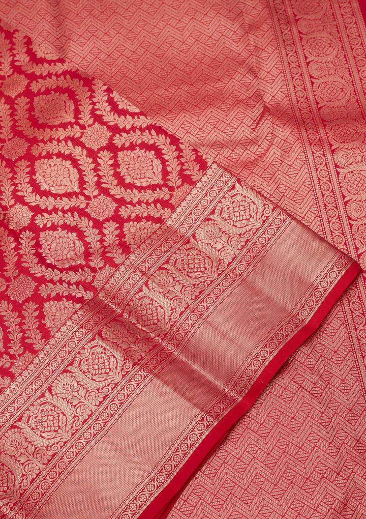Red Silk Jaal Saree With Matching Blouse Piece