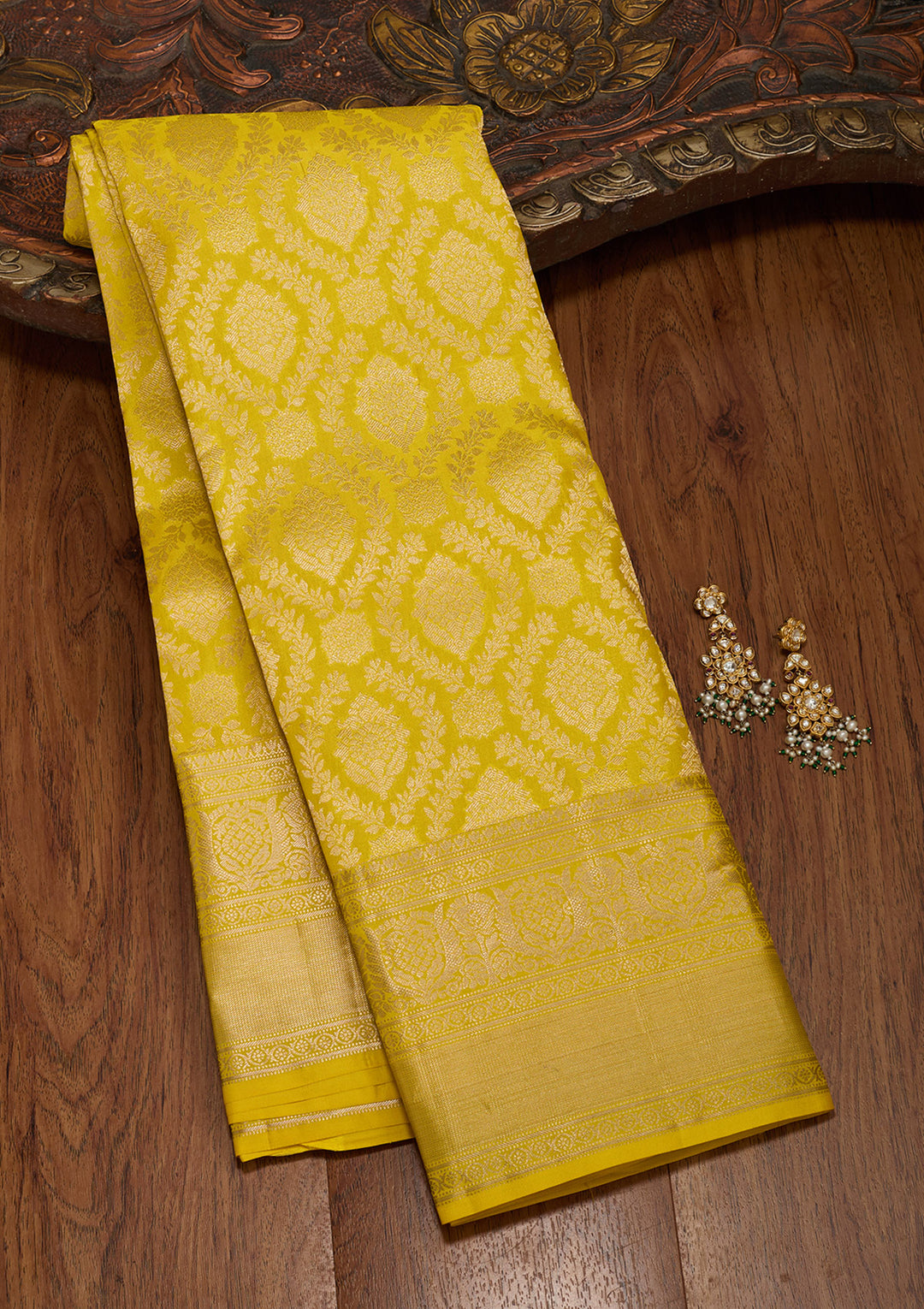 Yellow Pure Silk Jaal Zariwork Saree With Matching Blouse Piece