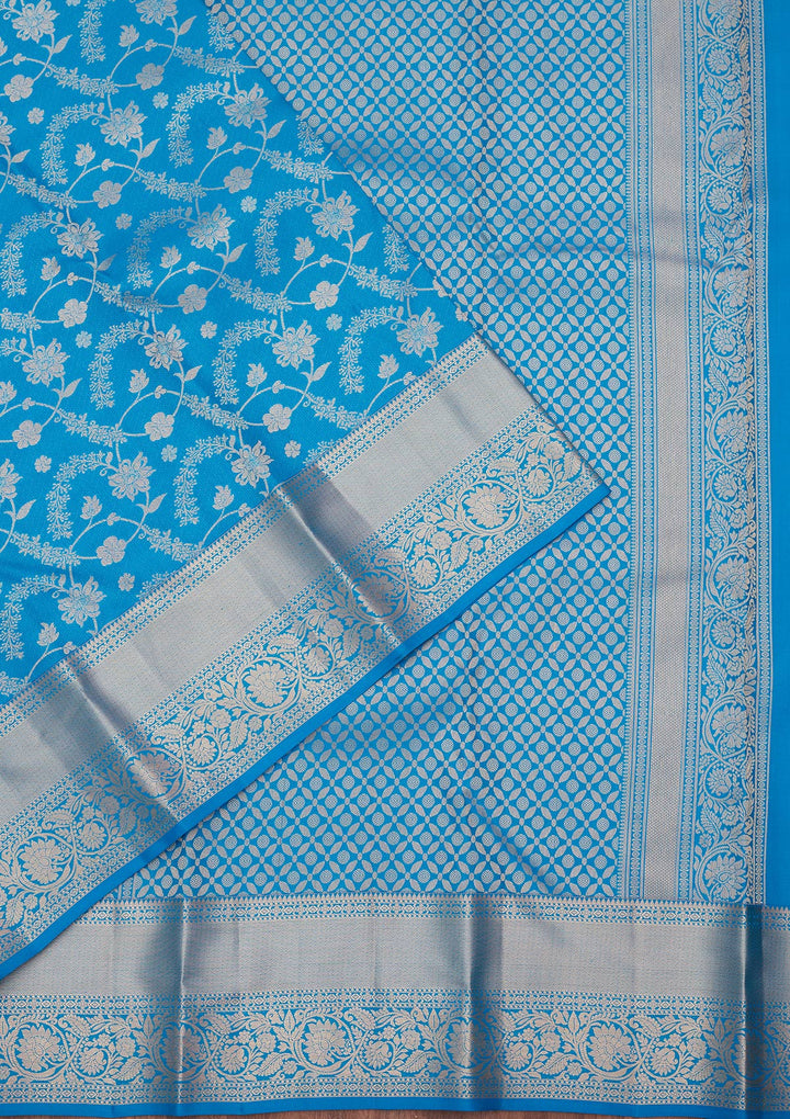 Turquoise Blue Silk Jaal Saree With Matching Blouse Piece