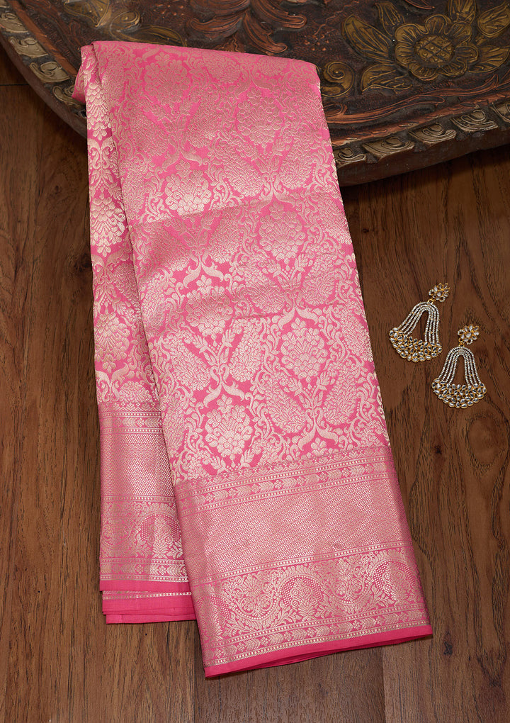 Pink Silk Jaal Silver Zariwork Saree With Matching Blouse Piece