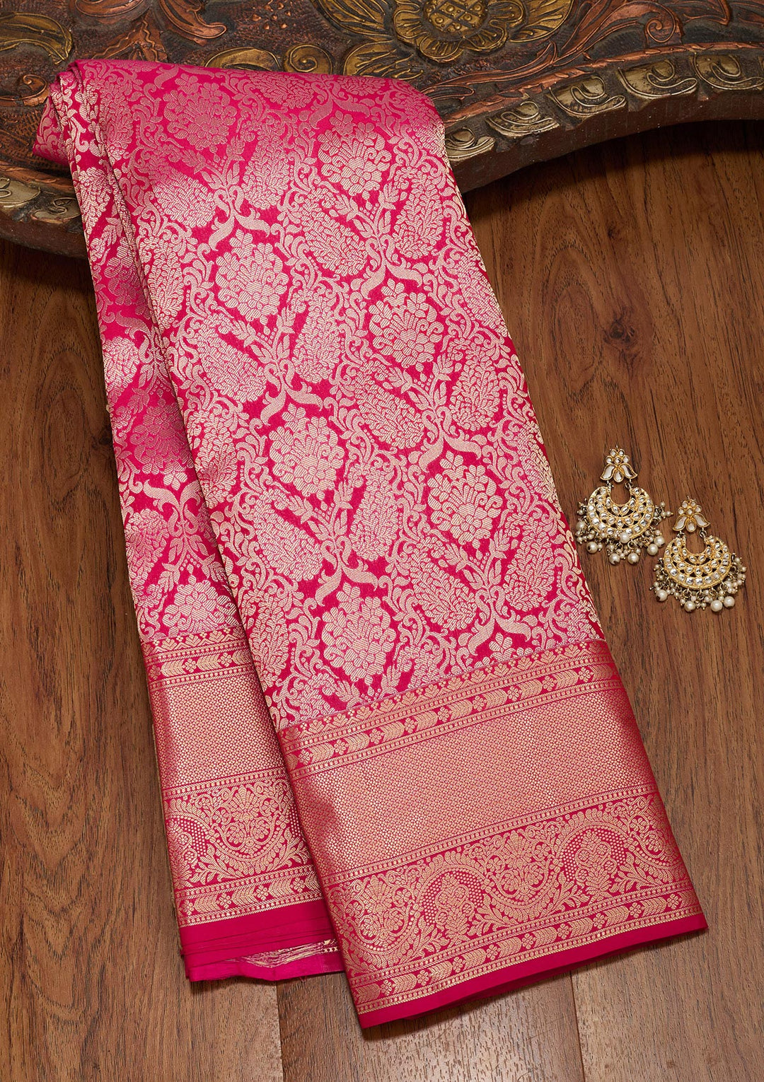 Rani Pink Silk Jaal Saree With Matching Blouse Piece