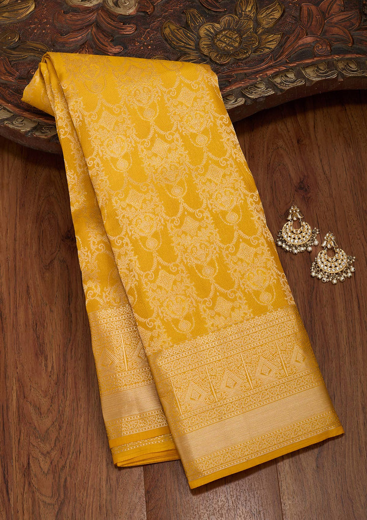 Yellow Silk Jaal Saree With Matching Blouse Piece