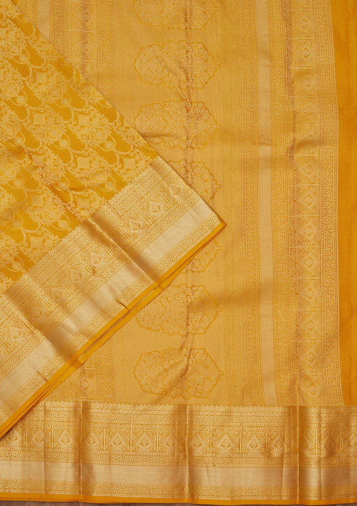 Yellow Silk Jaal Saree With Matching Blouse Piece