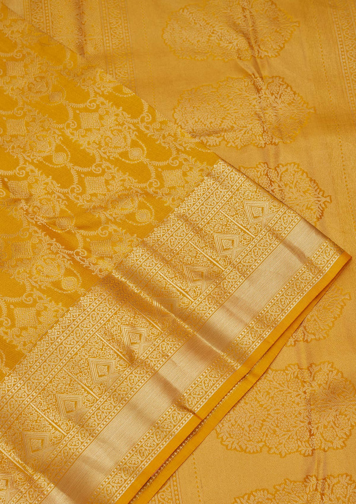 Yellow Silk Jaal Saree With Matching Blouse Piece