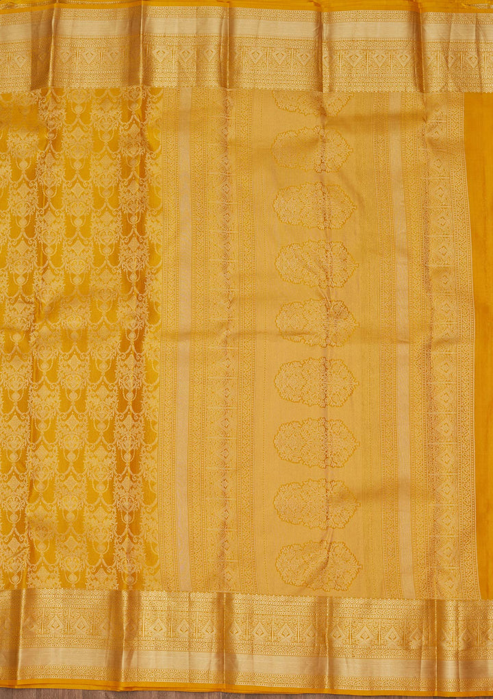 Yellow Silk Jaal Saree With Matching Blouse Piece