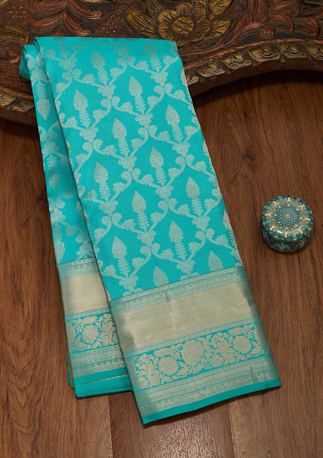 Turquoise Blue Silk Jaal Saree With Matching Blouse Piece