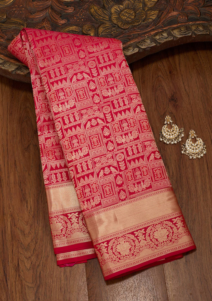 Maroon Pure Silk Jaal Gold Zariwork Saree With Matching Blouse Piece