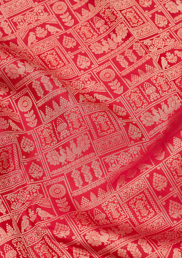 Maroon Pure Silk Jaal Gold Zariwork Saree With Matching Blouse Piece