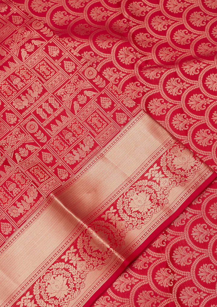 Maroon Pure Silk Jaal Gold Zariwork Saree With Matching Blouse Piece