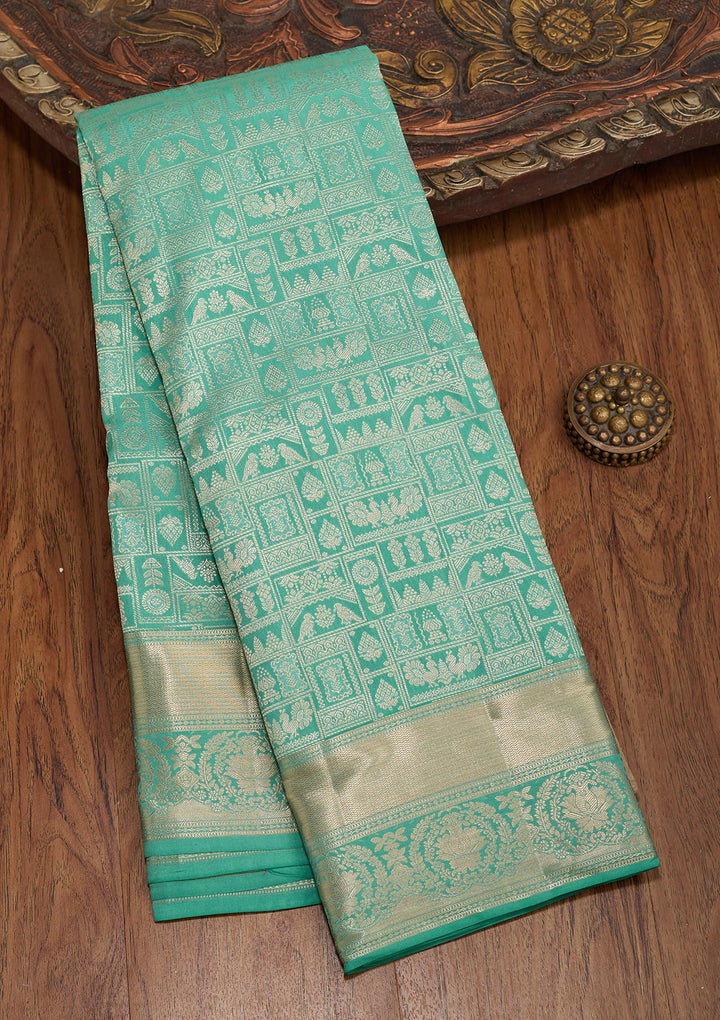 Sea Green Pure Silk Jaal Gold Zariwork Saree With Matching Blouse Piece
