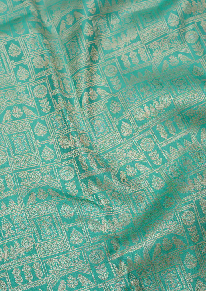 Sea Green Pure Silk Jaal Gold Zariwork Saree With Matching Blouse Piece