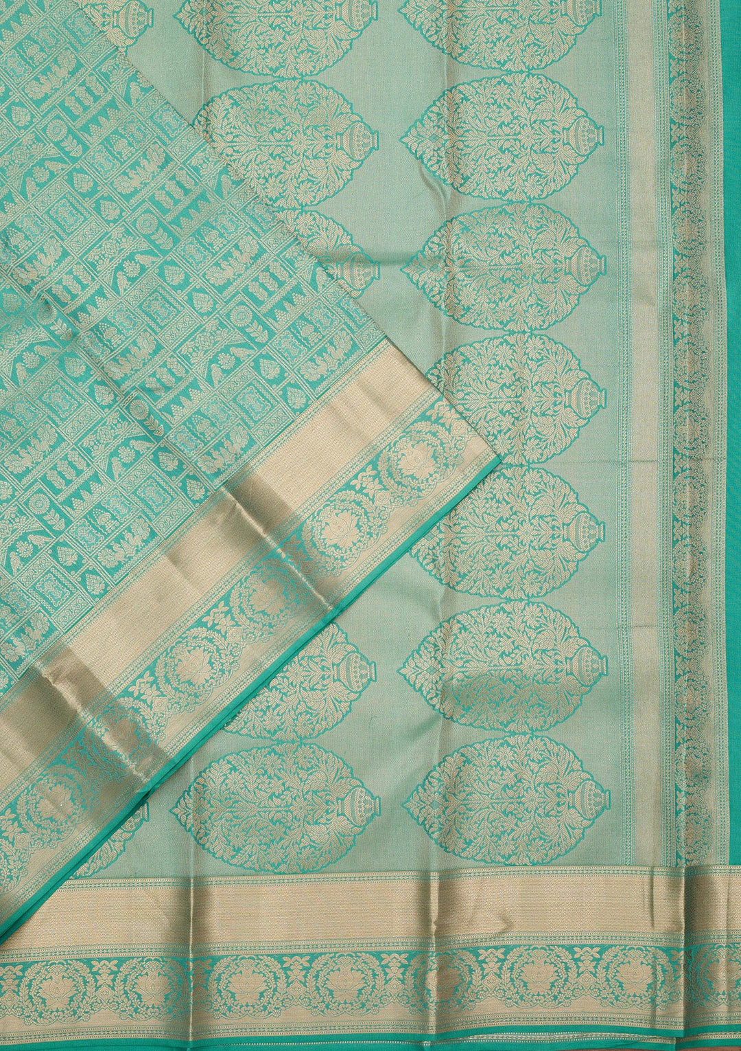 Sea Green Pure Silk Jaal Gold Zariwork Saree With Matching Blouse Piece