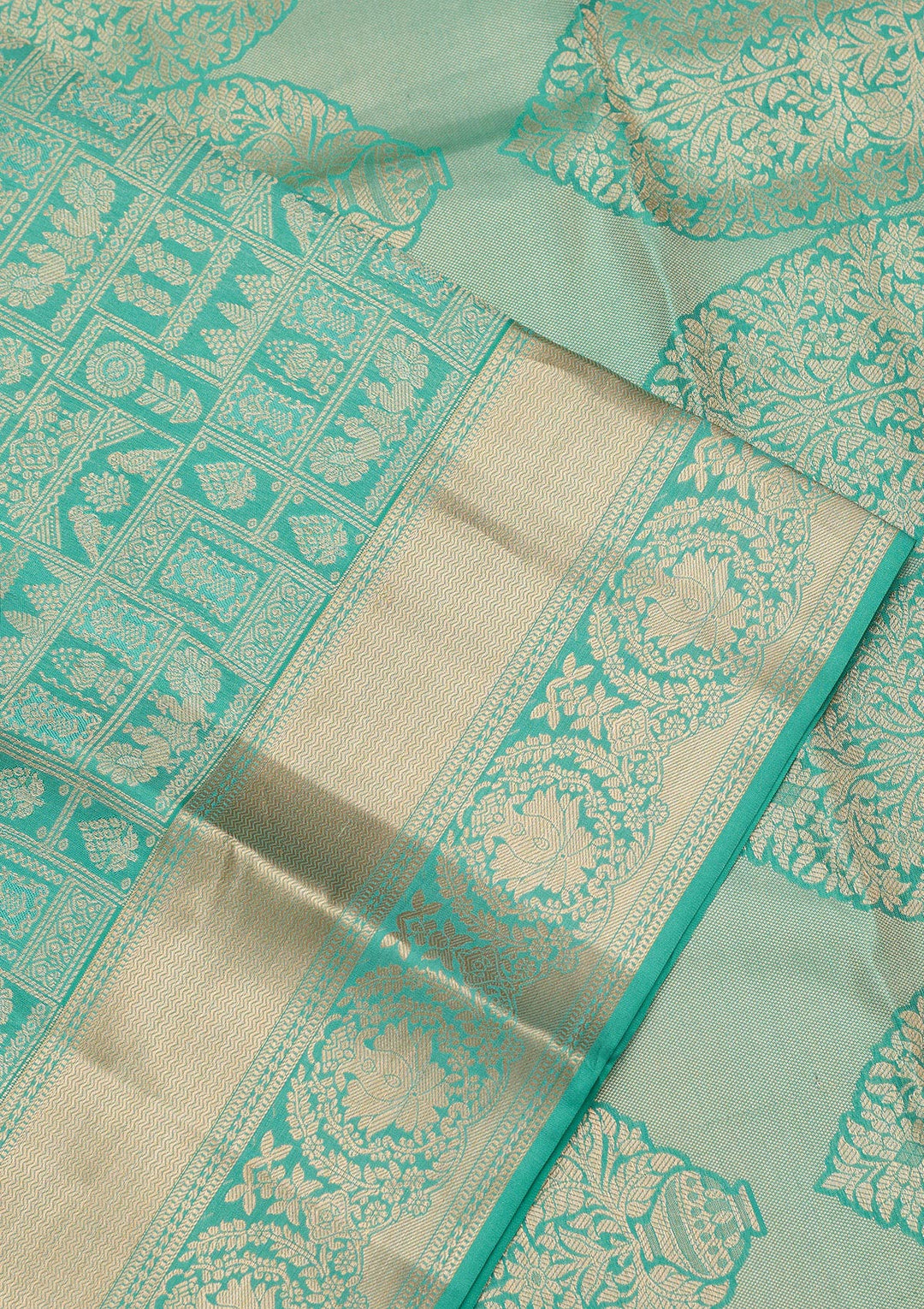 Sea Green Pure Silk Jaal Gold Zariwork Saree With Matching Blouse Piece