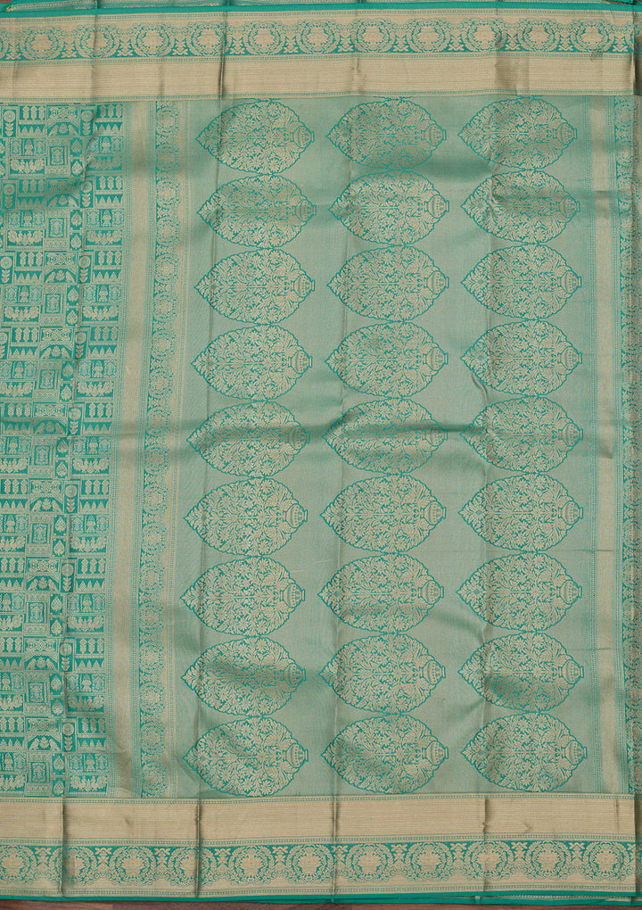 Sea Green Pure Silk Jaal Gold Zariwork Saree With Matching Blouse Piece