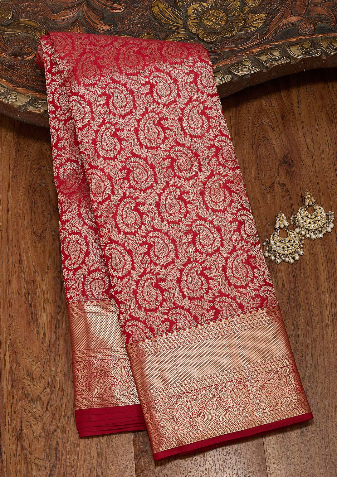 Maroon Pure Silk Jaal Zariwork Saree With Matching Blouse Piece