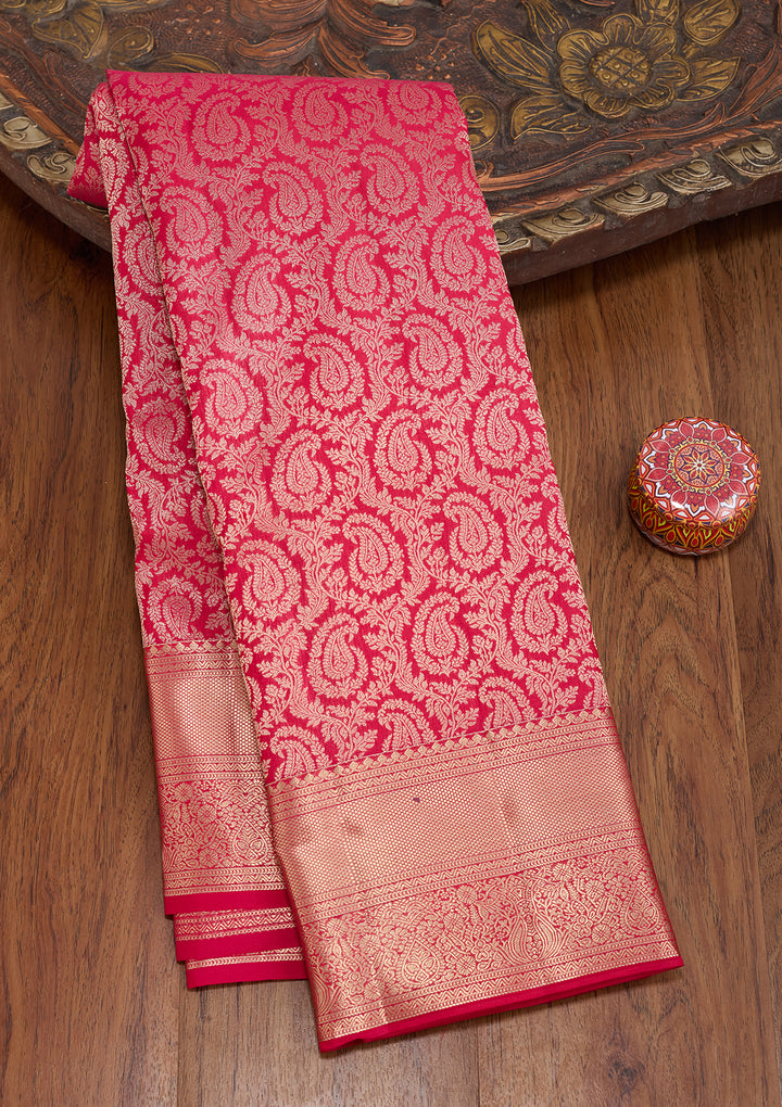 Rani Pink Pure Silk Jaal Zariwork Saree With Matching Blouse Piece