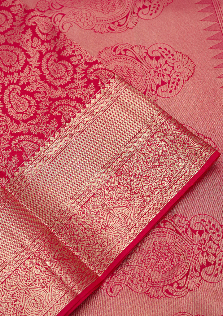 Rani Pink Pure Silk Jaal Zariwork Saree With Matching Blouse Piece