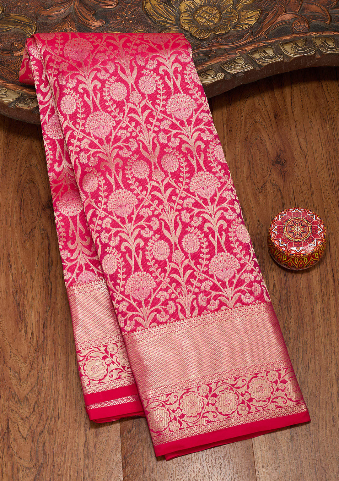 Rani Pink Silk Jaal Saree With Matching Blouse Piece