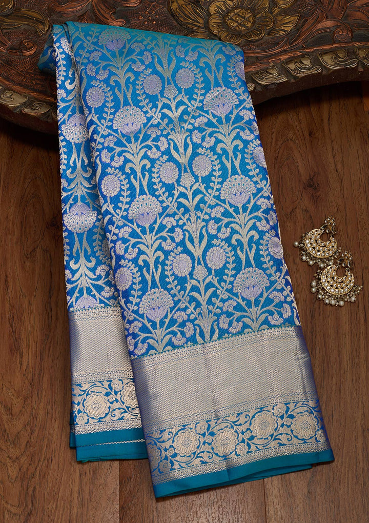 Turquoise Blue Pure Silk Jaal Zariwork Saree With Matching Blouse Piece