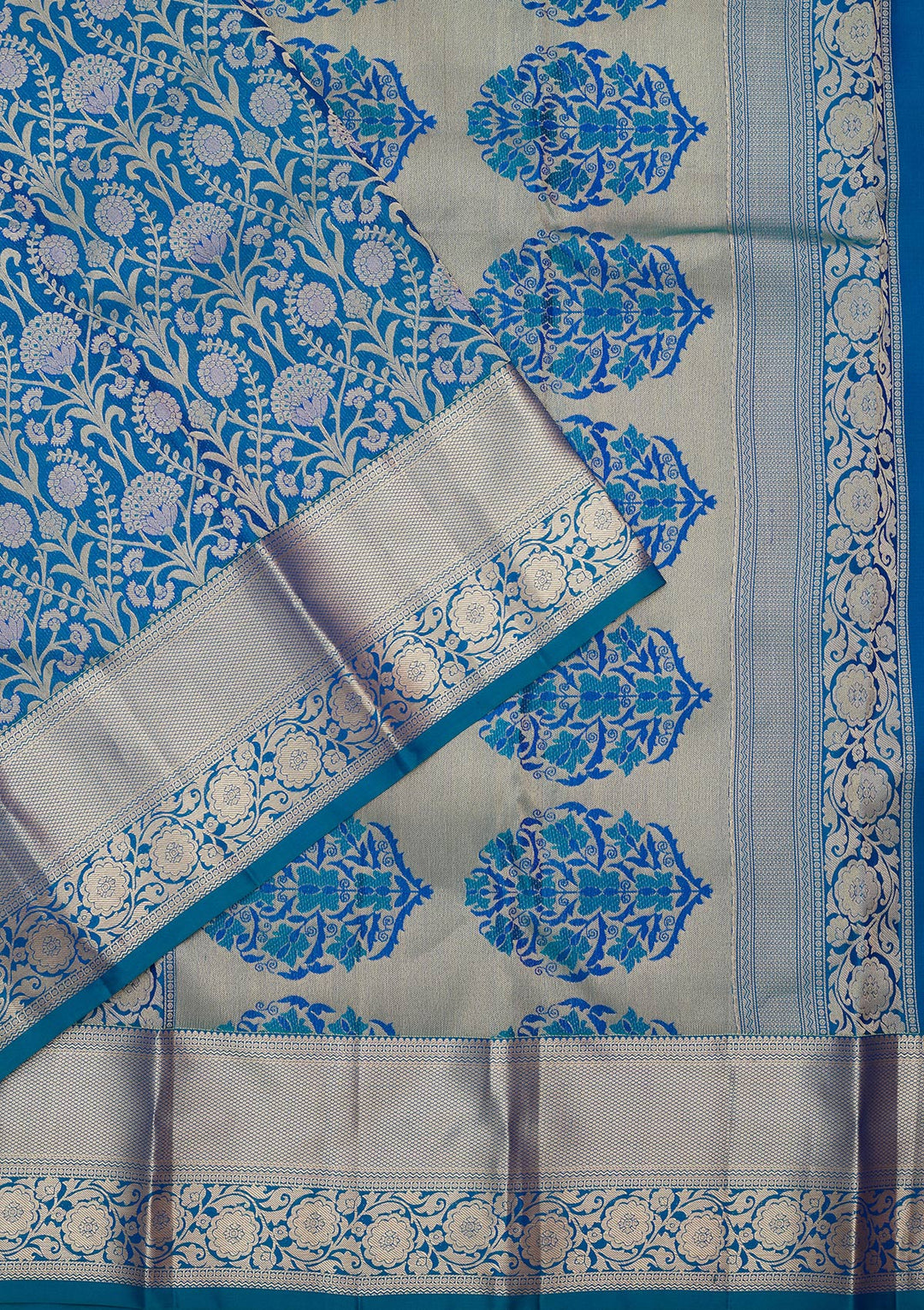 Turquoise Blue Pure Silk Jaal Zariwork Saree With Matching Blouse Piece