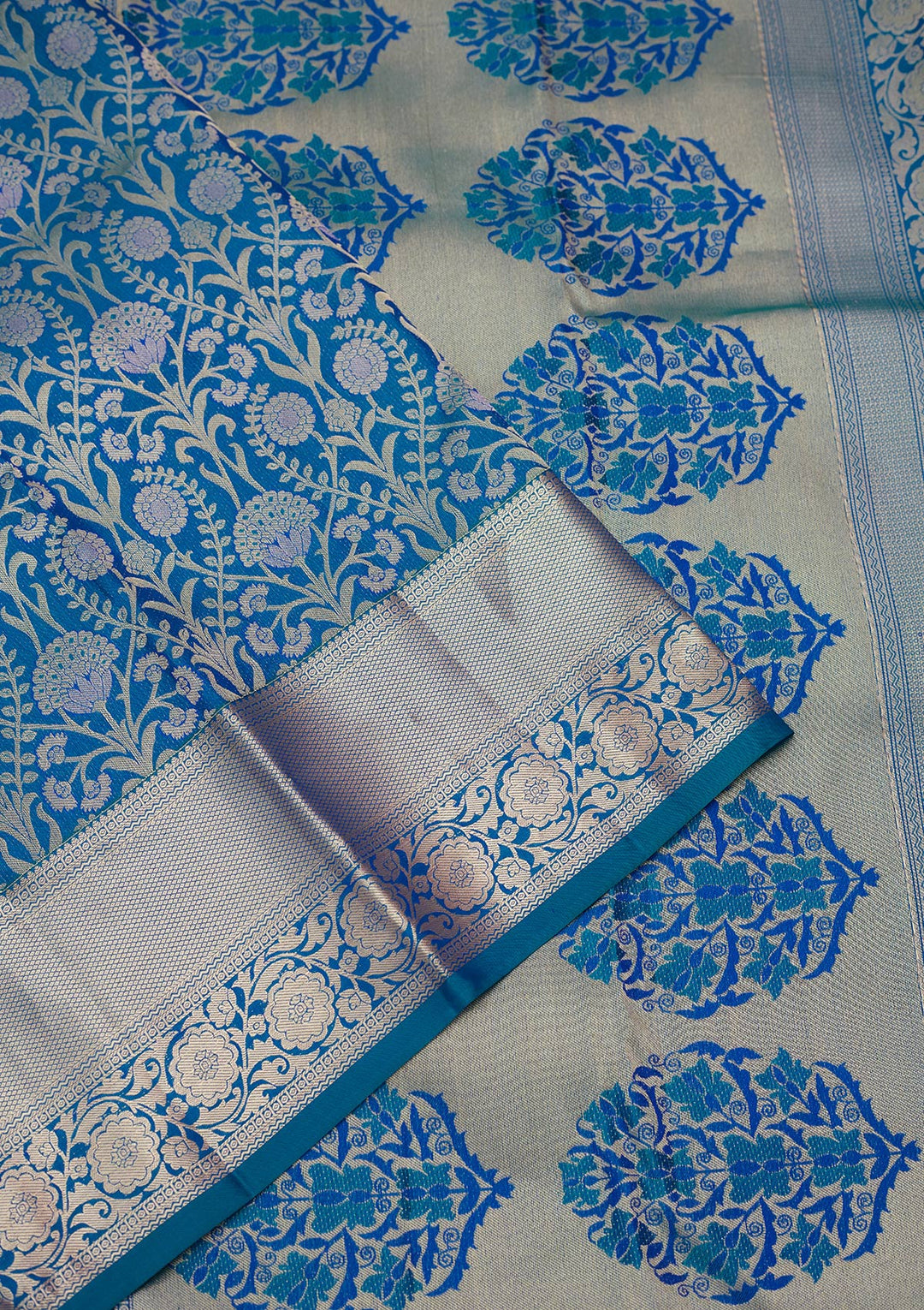 Turquoise Blue Pure Silk Jaal Zariwork Saree With Matching Blouse Piece