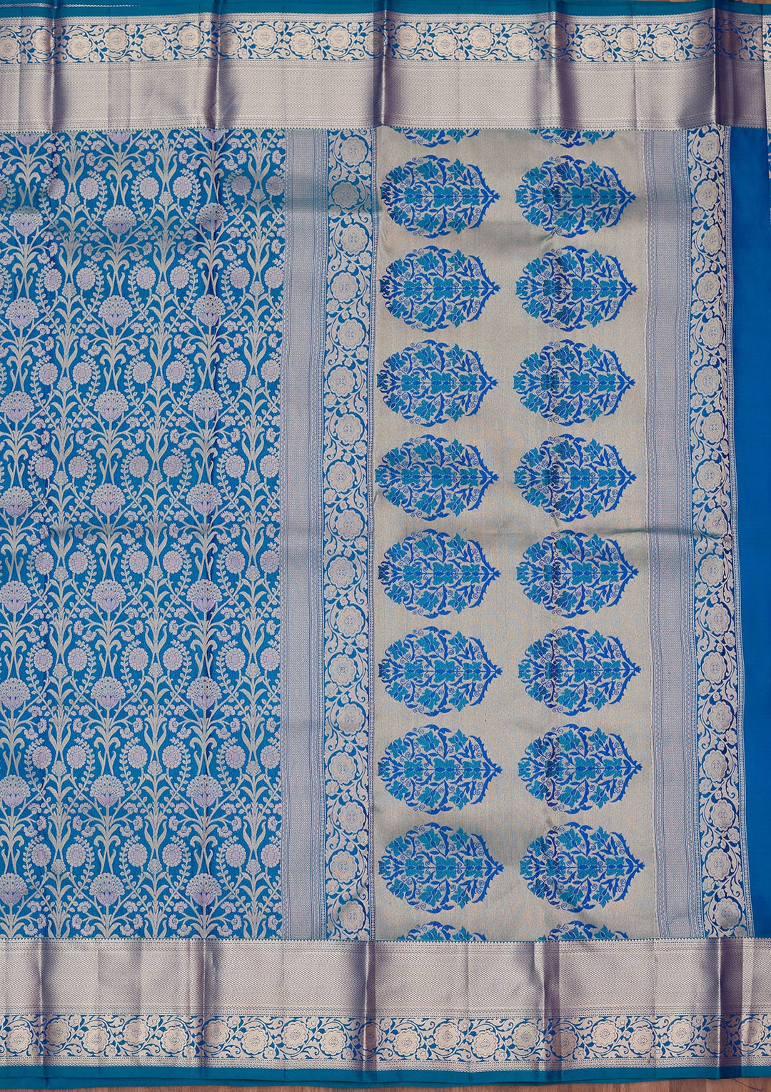Turquoise Blue Pure Silk Jaal Zariwork Saree With Matching Blouse Piece