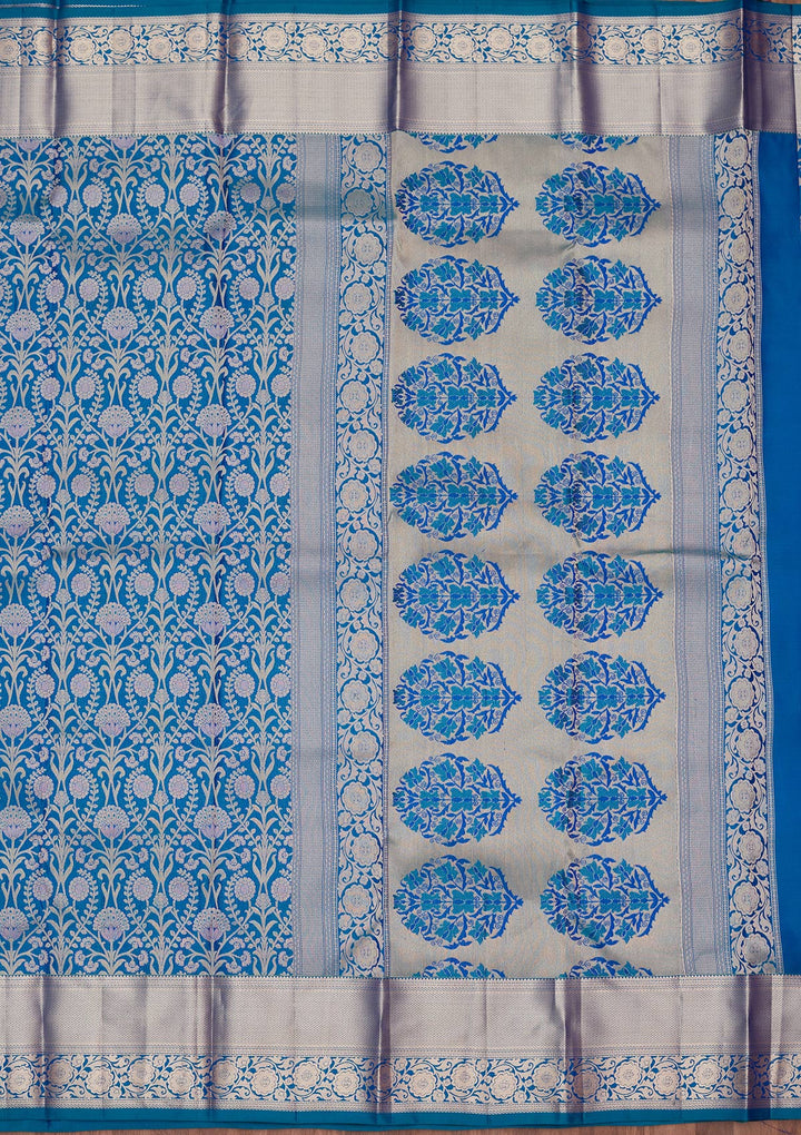 Turquoise Blue Pure Silk Jaal Zariwork Saree With Matching Blouse Piece