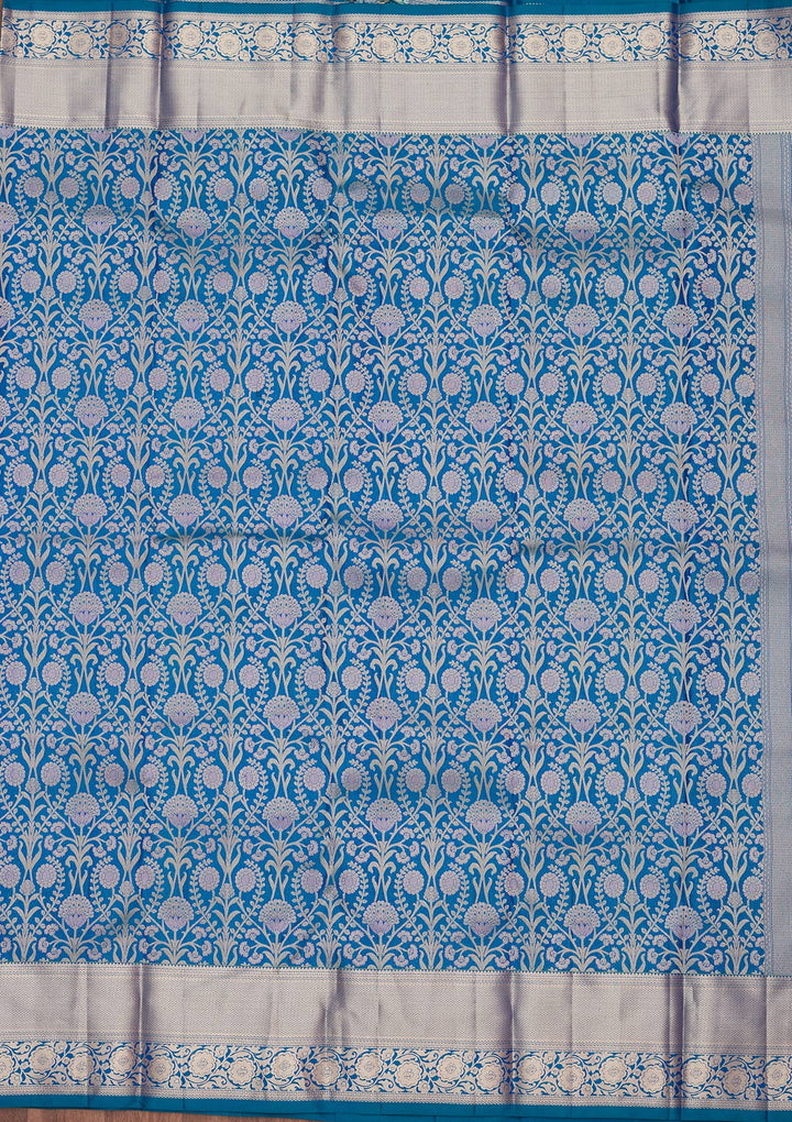 Turquoise Blue Pure Silk Jaal Zariwork Saree With Matching Blouse Piece