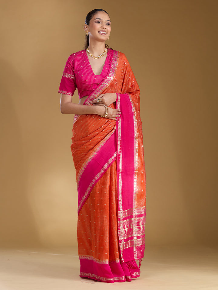 Orange Cotton Buti Gold Zariwork Saree With Matching Blouse Piece