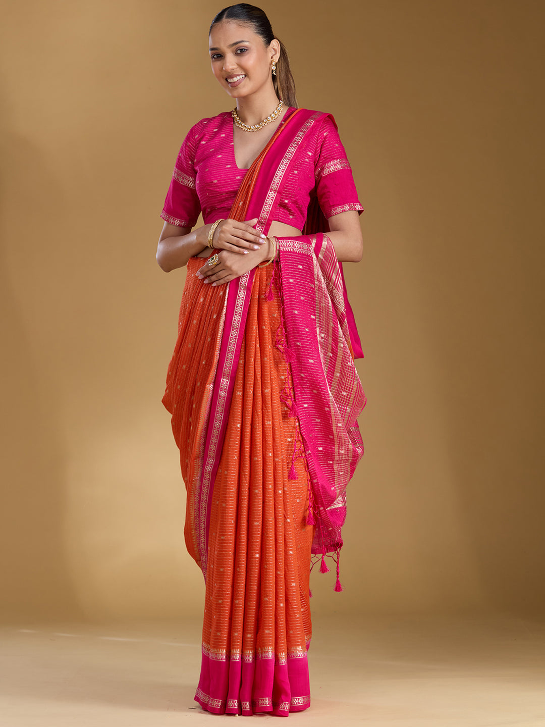 Orange Cotton Buti Gold Zariwork Saree With Matching Blouse Piece