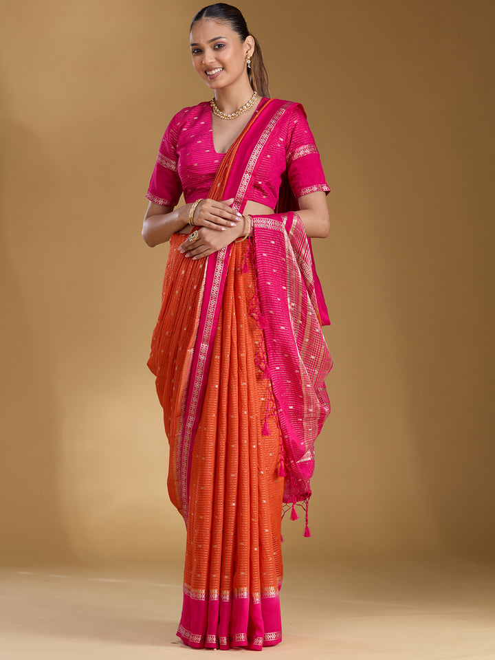 Orange Cotton Buti Gold Zariwork Saree With Matching Blouse Piece