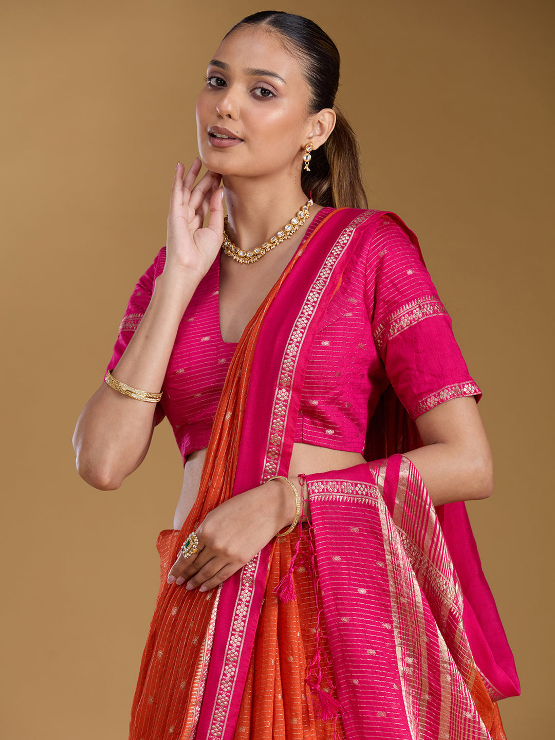 Orange Cotton Buti Gold Zariwork Saree With Matching Blouse Piece