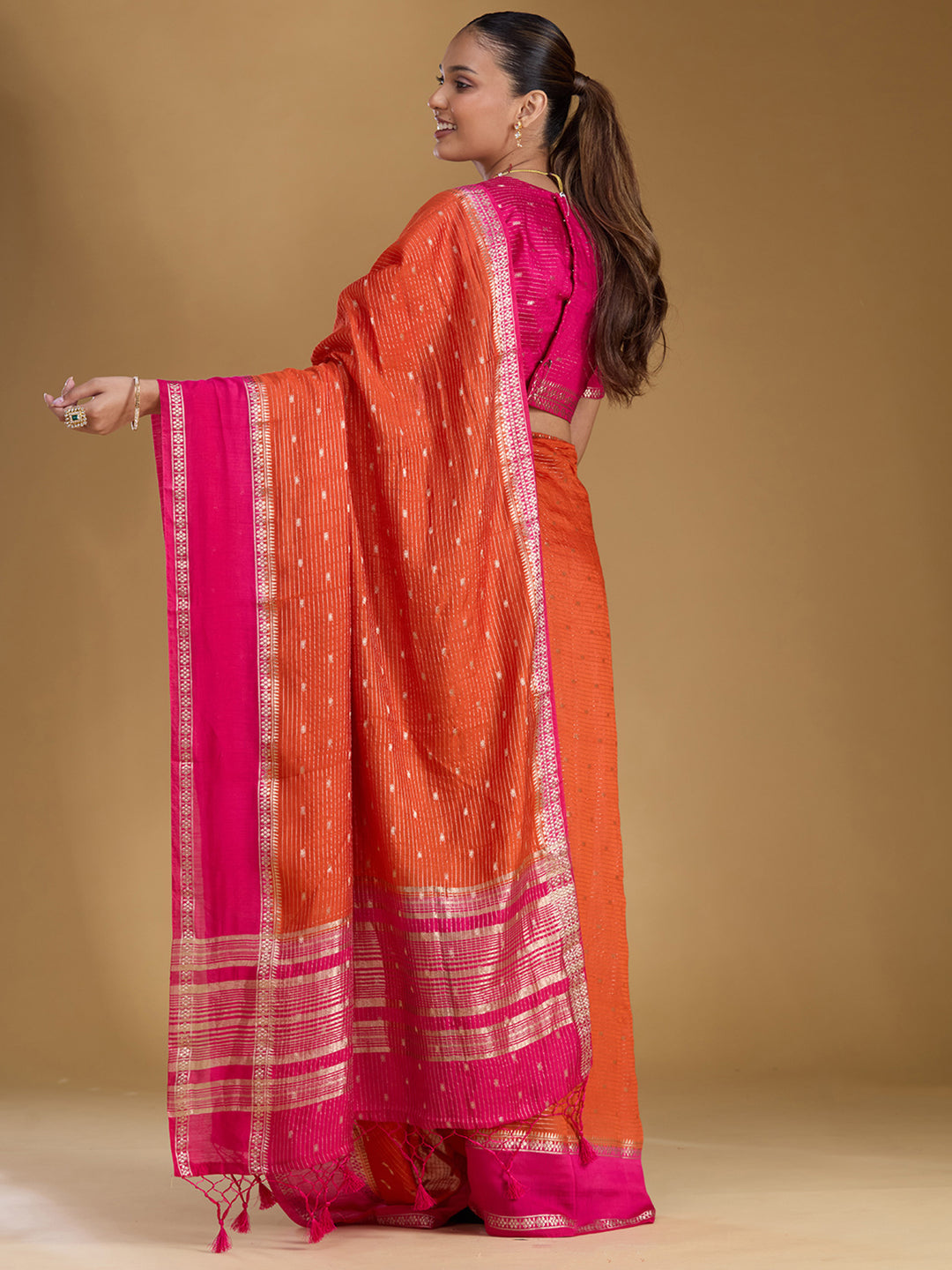 Orange Cotton Buti Gold Zariwork Saree With Matching Blouse Piece