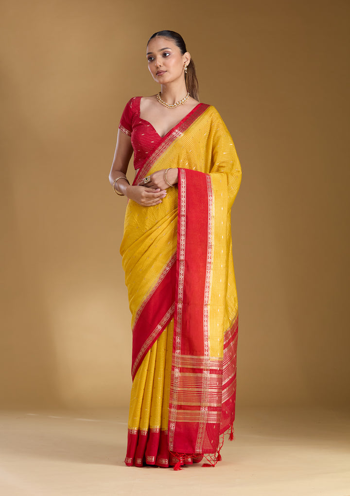 Yellow Cotton Buti Gold Zariwork Saree With Matching Blouse Piece