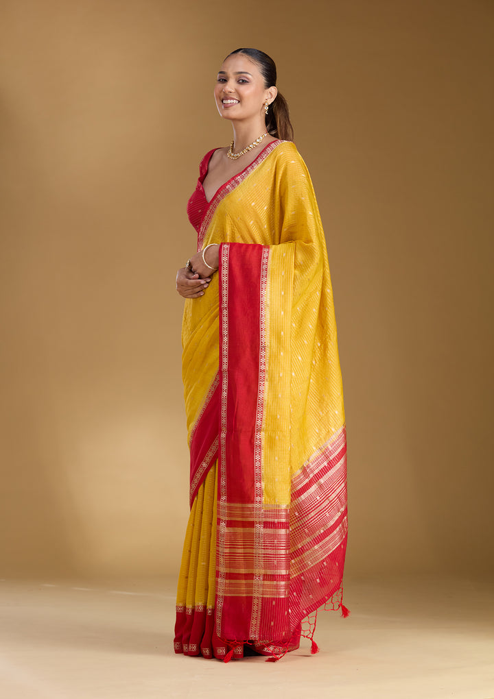 Yellow Cotton Buti Gold Zariwork Saree With Matching Blouse Piece