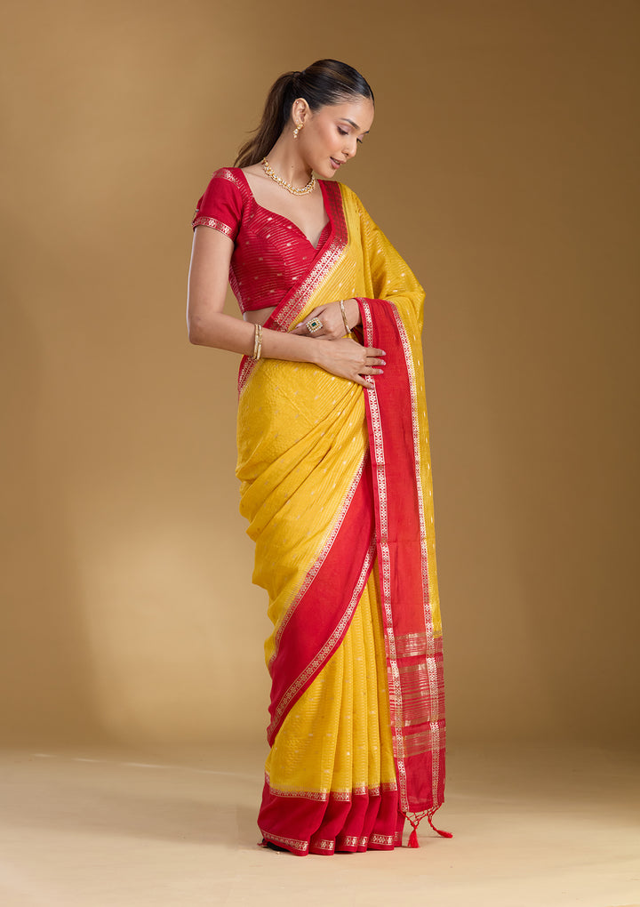 Yellow Cotton Buti Gold Zariwork Saree With Matching Blouse Piece