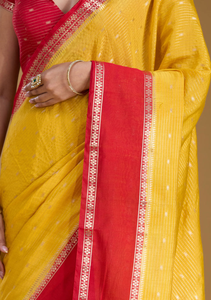Yellow Cotton Buti Gold Zariwork Saree With Matching Blouse Piece