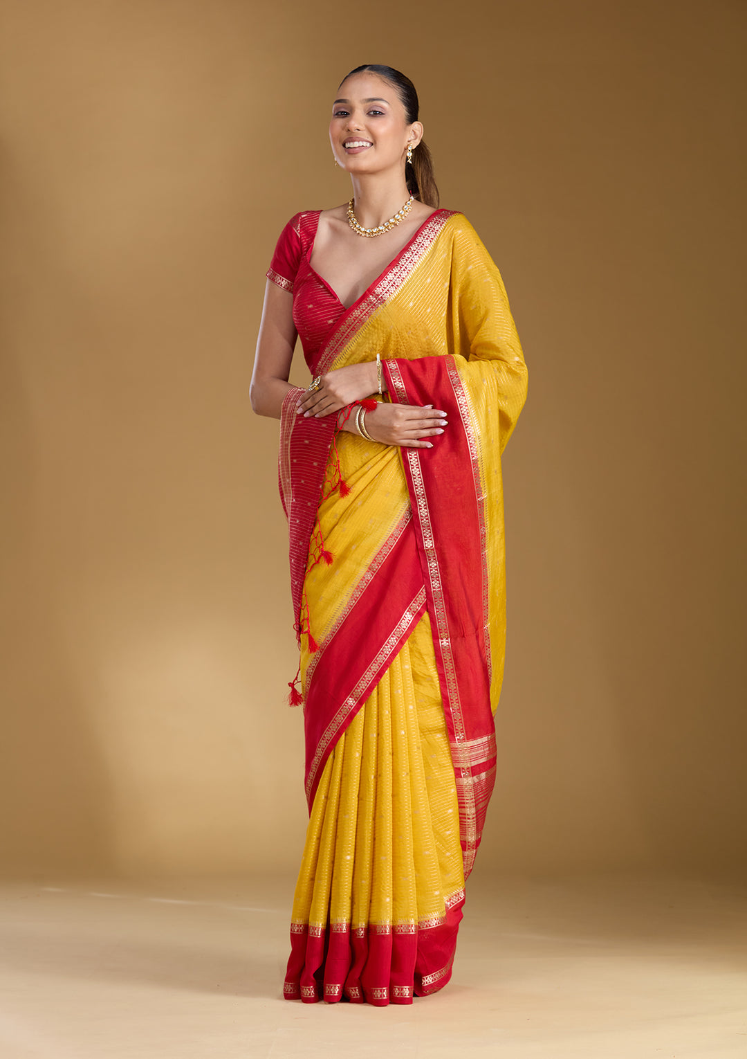 Yellow Cotton Buti Gold Zariwork Saree With Matching Blouse Piece