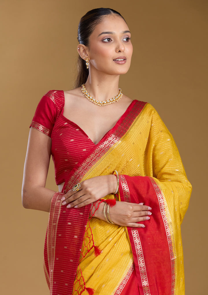 Yellow Cotton Buti Gold Zariwork Saree With Matching Blouse Piece