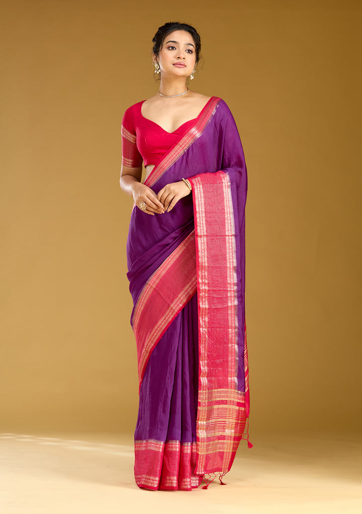 Purple Cotton Plain Gold Zariwork Saree With Matching Blouse Piece