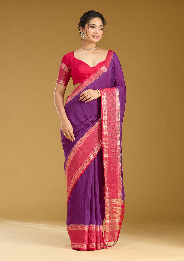 Purple Cotton Plain Gold Zariwork Saree With Matching Blouse Piece